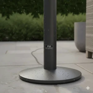 Close-up of a waterproof outdoor pedestal fan showing its IP-rated protective casing for British weather.