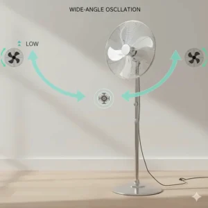 Top-down view showing the 90-degree wide-angle oscillation of a high velocity pedestal fan.