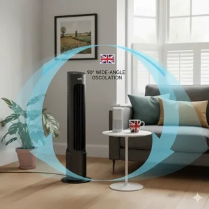 Diagram showing the 90-degree wide-angle oscillation of a smart tower fan to cool a full room.