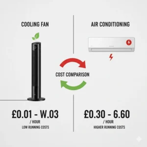 Infographic comparing the lower energy running costs of a cooling fan versus an air conditioning unit in British pounds and pence.