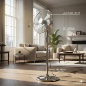 A high-quality chrome pedestal fan in a modern British lounge, labelled with features like adjustable height and tilt control.