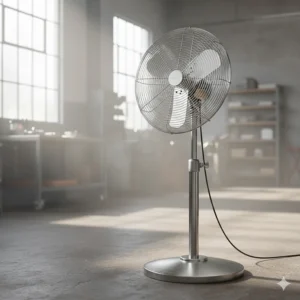 Height-adjustable industrial pedestal fan for workshop cooling with a heavy-weighted base for stability.