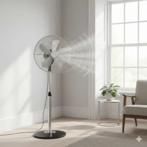 A height-adjustable electric pedestal fan with chrome blades, showing 80-degree oscillation for wide room cooling.