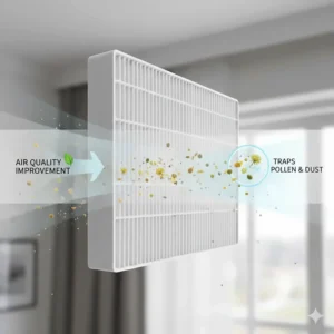 A close-up illustration of a high-efficiency air conditioning filter trapping British seasonal pollen and dust particles to improve indoor air quality.
