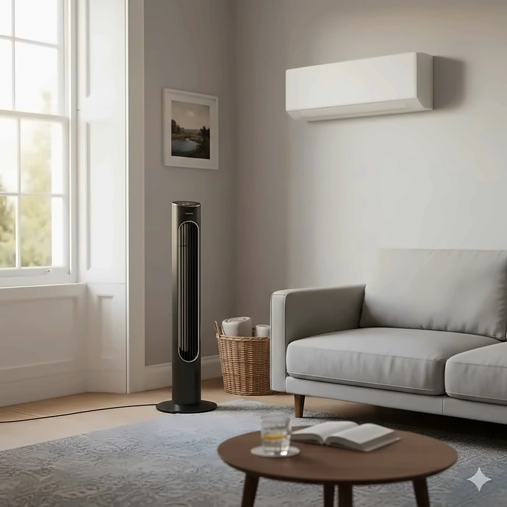 A side-by-side comparison of a white wall-mounted air conditioner and a tall oscillating black tower fan in a contemporary British lounge with soft, natural lighting. air conditioner vs cooling fan