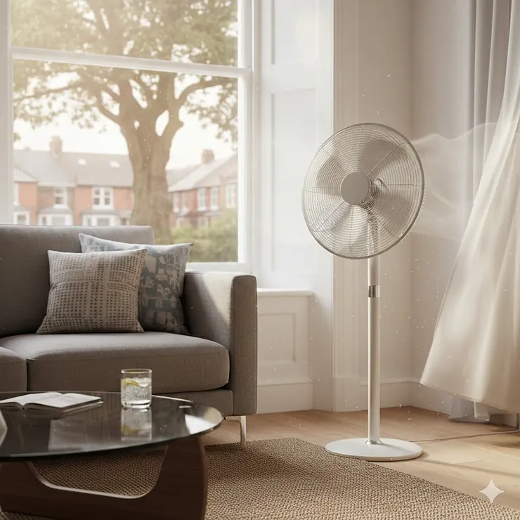 A modern white pedestal cooling fan blowing a breeze in a bright British lounge with a sash window during a summer heatwave. cooling fans for heatwave