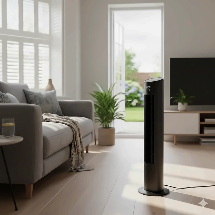 A sleek black electric tower fan standing in a modern British lounge next to a sofa, providing cooling during a UK summer heatwave. electric tower fan
