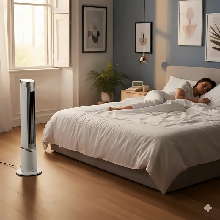 A sleek, oscillating quiet electric fan for sleeping placed in a modern British bedroom during a summer heatwave. quiet electric fan for sleeping