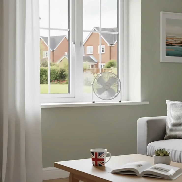 A modern dual-blade window fan for ventilation installed in a white uPVC window frame in a British living room. window fan for ventilation