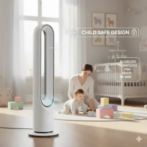 A bladeless electric fan with child-safe design in a large nursery, ensuring peace of mind for parents.