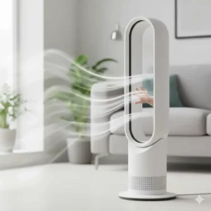 A modern blade-less electric fan, demonstrating a child-safe design and smooth airflow technology.