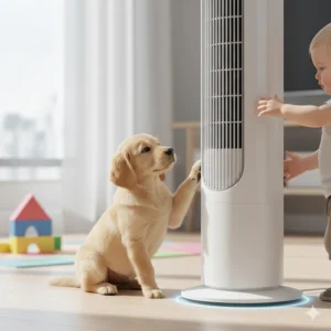 Close-up illustration of a bladeless electric tower fan grill, highlighting safety for curious children and pets in a family home.