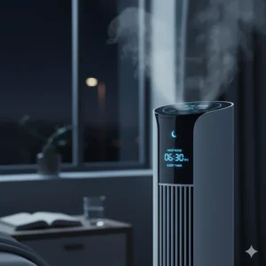 Close-up of a modern tower fan at night, showing the night mode sleep timer on a digital display for bedroom cooling.
