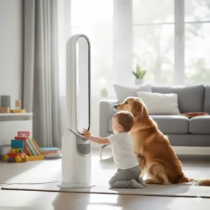 A modern bladeless quiet fan in a bright living room, demonstrating safety for curious toddlers and pets.