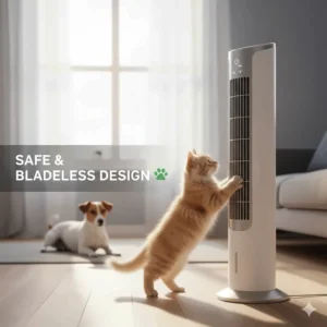 A bladeless quiet fan for sleeping, showing a safe design for families with pets in a domestic setting.