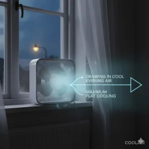 A box fan placed on a window ledge at dusk to draw cool evening air into a flat, with a British street lamp visible outside.