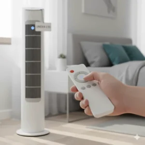 Hand holding a remote control for a budget-friendly cooling fan under thirty pounds.
