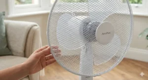A close-up of a mesh safety grill on a pedestal electric fan under £50, demonstrating safety by showing how small fingers cannot pass through.
