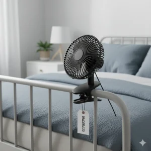 Small black clip-on cooling fan attached to a bed frame for nighttime use.
