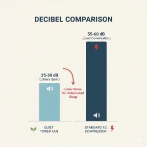A decibel comparison chart showing the quiet operation of a tower fan compared to the louder hum of a standard air conditioning compressor.