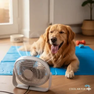 A small safety-guarded floor fan providing a cool breeze for a golden retriever resting on a blue cooling mat.