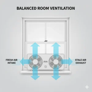 Illustration of a twin window fan showing intake and exhaust modes for balanced room ventilation.