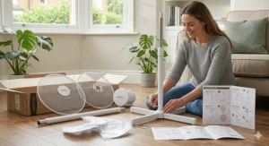 A woman smiling as she easily assembles a white pedestal electric fan under £50 on a light wooden floor, with clearly illustrated instructions and components.