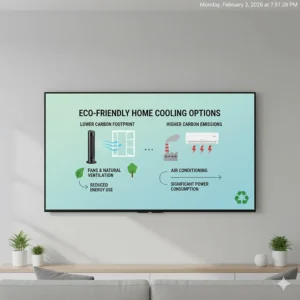 A graphic highlighting the lower carbon footprint and reduced energy use of fans and natural ventilation compared to air conditioning units.
