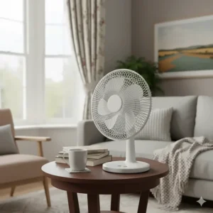 A stylish white electric desk fan placed on a mahogany side table in a traditional British living room setting.