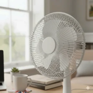 Detailed view of the reinforced mesh safety grill on a classic mains-powered electric desk fan.