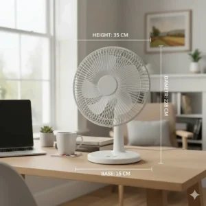 Diagram showing the height and width measurements in centimetres for a standard 12-inch electric desk fan.