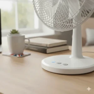 Close-up of the manual speed control buttons on a compact white electric desk fan.