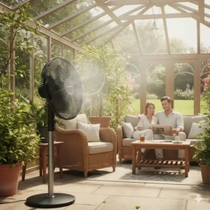 A tall electric pedestal fan cooling a large glass-roofed conservatory during a British summer heatwave.