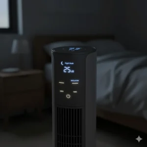 A close-up of a digital fan interface showing the night mode setting and dimmed LED display for a dark room.