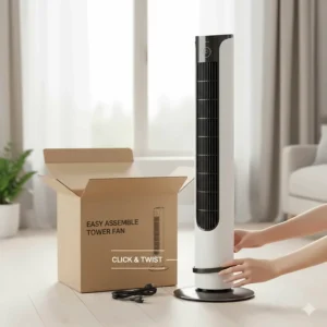 Illustration of an electric tower fan base and main unit showing easy tool-free assembly for UK consumers.