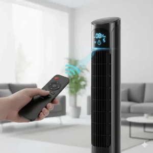 A hand holding a remote control pointing at a digital electric tower fan showing timer and speed settings.