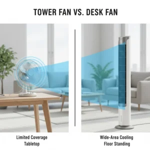 Comparison graphic showing the height and cooling coverage differences between a standard desk fan and a tall electric tower fan.