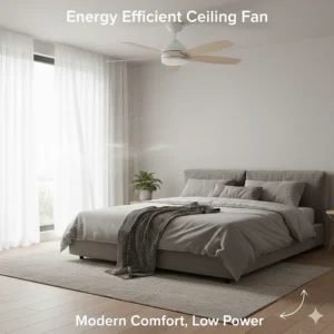 Modern energy efficient ceiling fan installed in a British bedroom with a low-profile design.