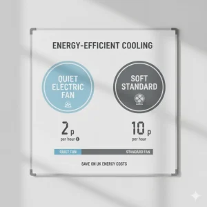 An energy efficiency illustration showing the low pence per hour running costs of a quiet electric fan for UK households.