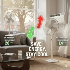 An infographic comparing the low daily running costs of a DC motor fan versus the high cost of air conditioning in the UK.