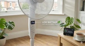 A photorealistic infographic close-up of a low-wattage electric fan under £50, showing the 25W LED display and a smart meter reading £0.03/hr in a modern UK living room.