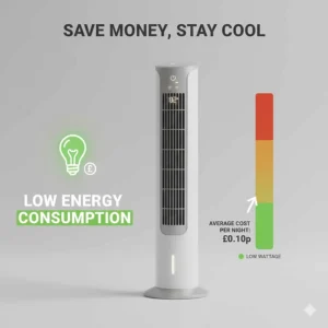 Illustration showing a low-wattage quiet fan for sleeping with a focus on energy efficiency for UK households.