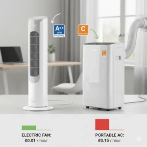 An illustration showing the low running costs of energy-efficient electric fans compared to portable air conditioning.