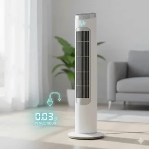 Illustration showing the low pence-per-hour running cost of an energy-efficient electric tower fan for UK households.