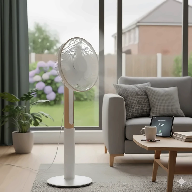 A stylish, energy efficient pedestal fan in a contemporary British living room, highlighting low-energy cooling solutions for UK homes. energy efficient fans