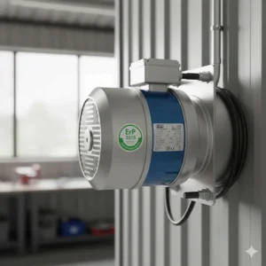 Close-up of an ErP-compliant energy-efficient motor on an industrial fan for workshop use.