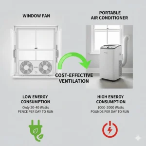 Graphic showing low energy consumption of a window fan compared to portable air conditioning units.