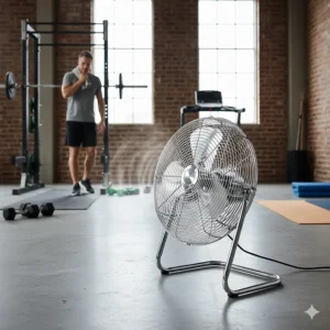 High-velocity chrome floor fan providing powerful air circulation in a large home gym or workout space.