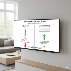 A price breakdown comparing the affordable purchase price of a cooling fan to the higher initial investment and installation costs of air conditioning.
