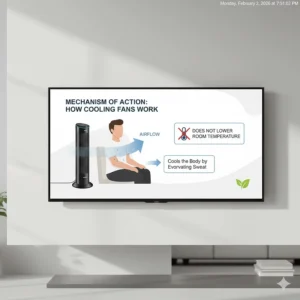 Technical diagram explaining how cooling fans use airflow to cool the body via sweat evaporation rather than lowering the room temperature.